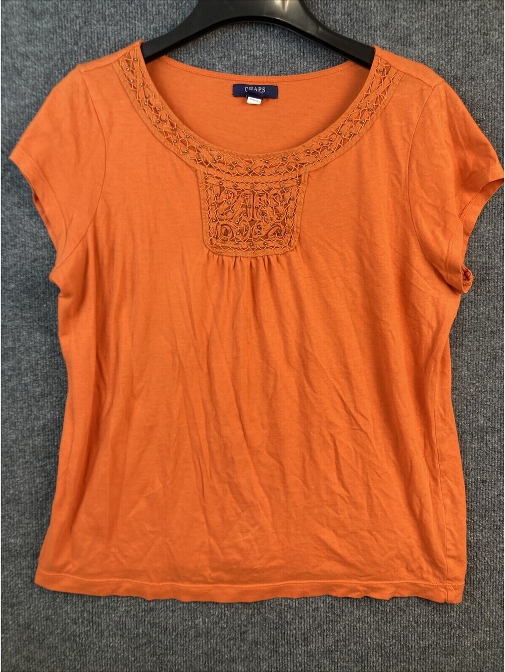 Chaps Womens Size Large Orange Scoop Neck Stud Collar Short Sleeve Boho Shirt